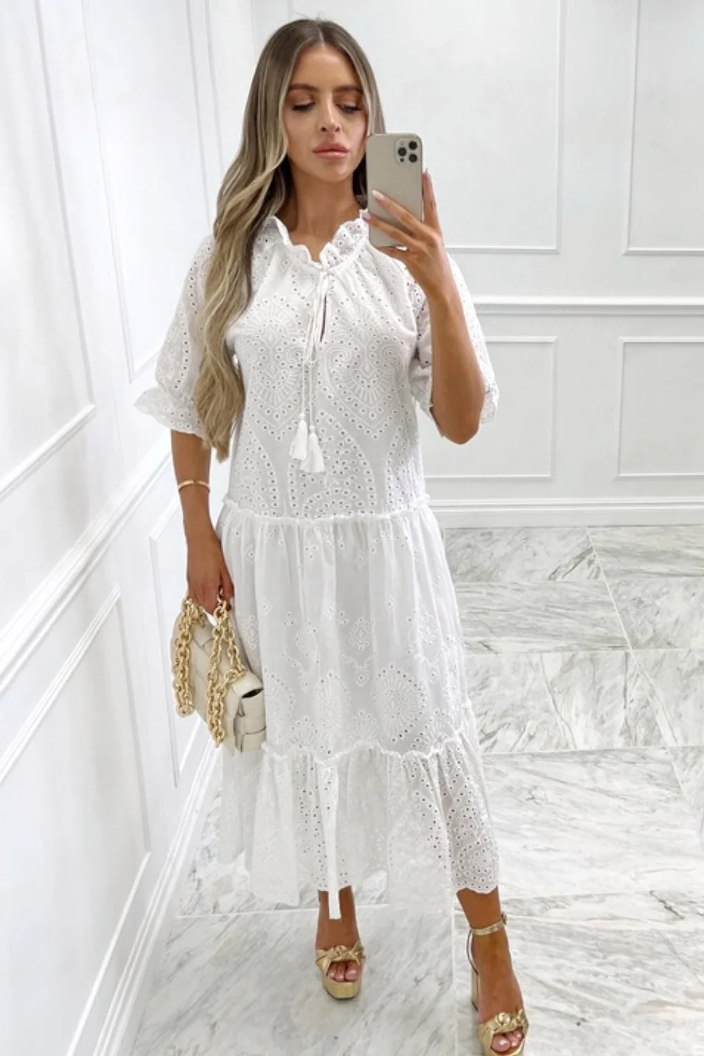 Elodie tiered white anglaise maxi dress
