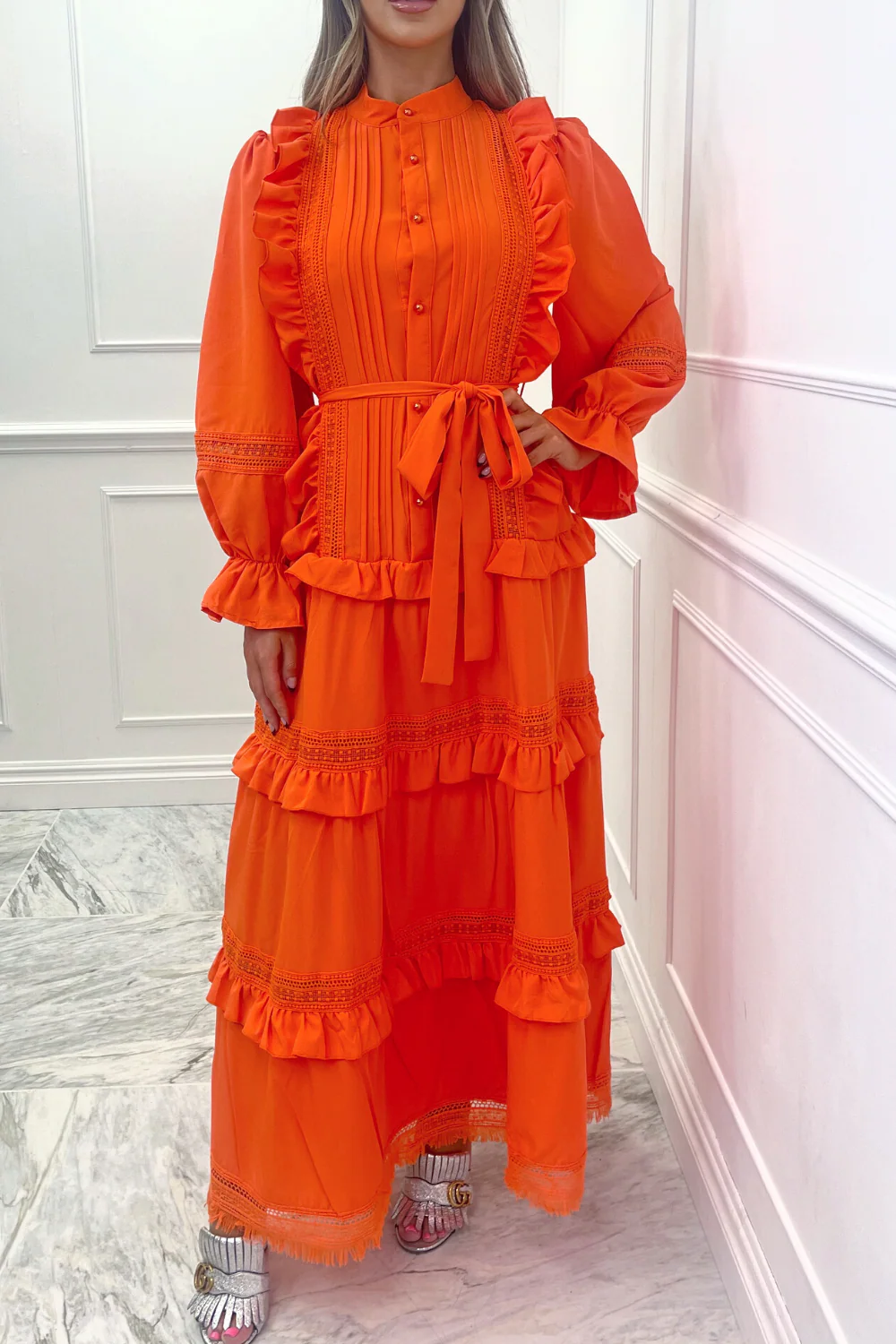 summer orange frill crotchet 2 piece tie waist maxi dress