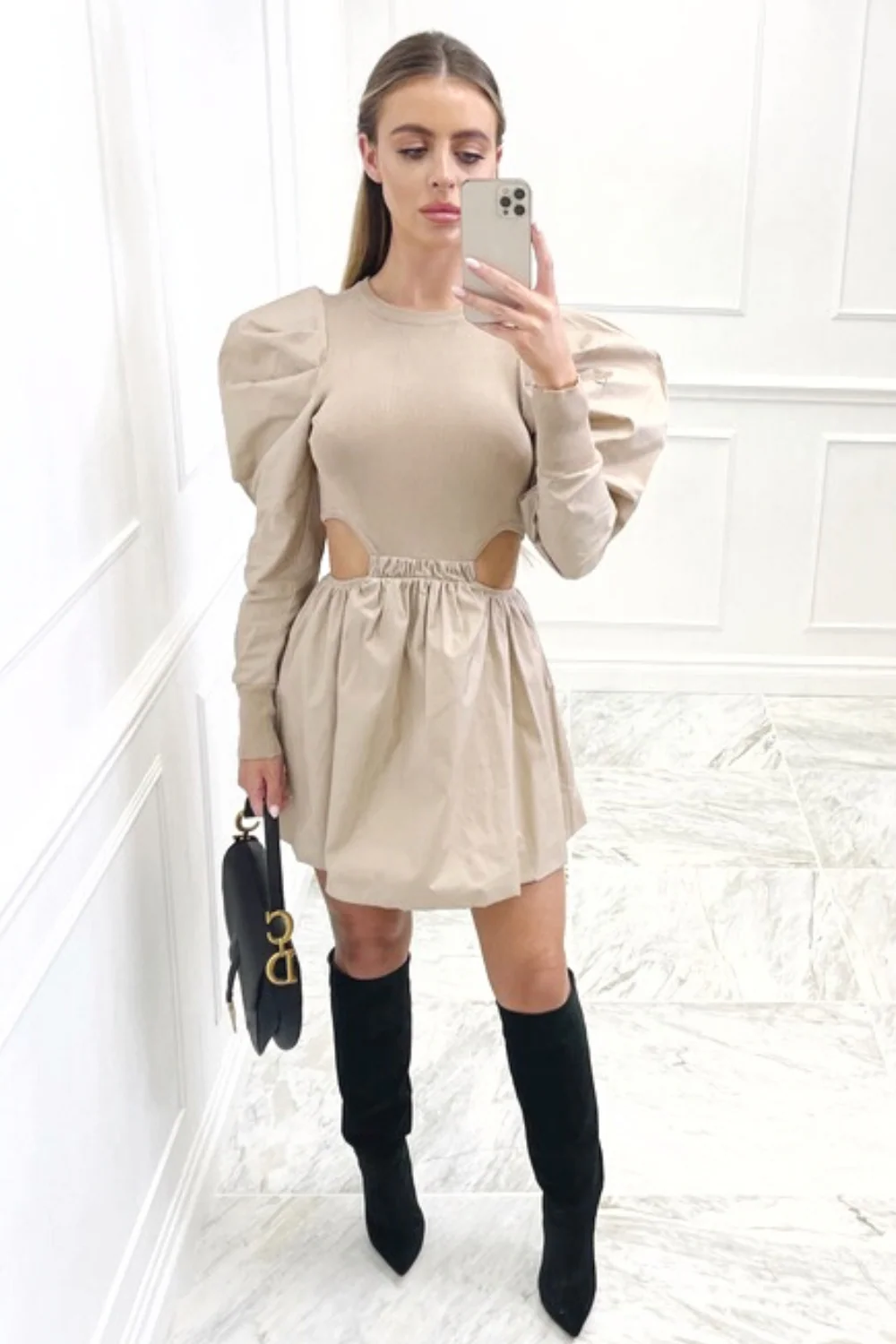 Tyler beige cut out knitted puff sleeve dress