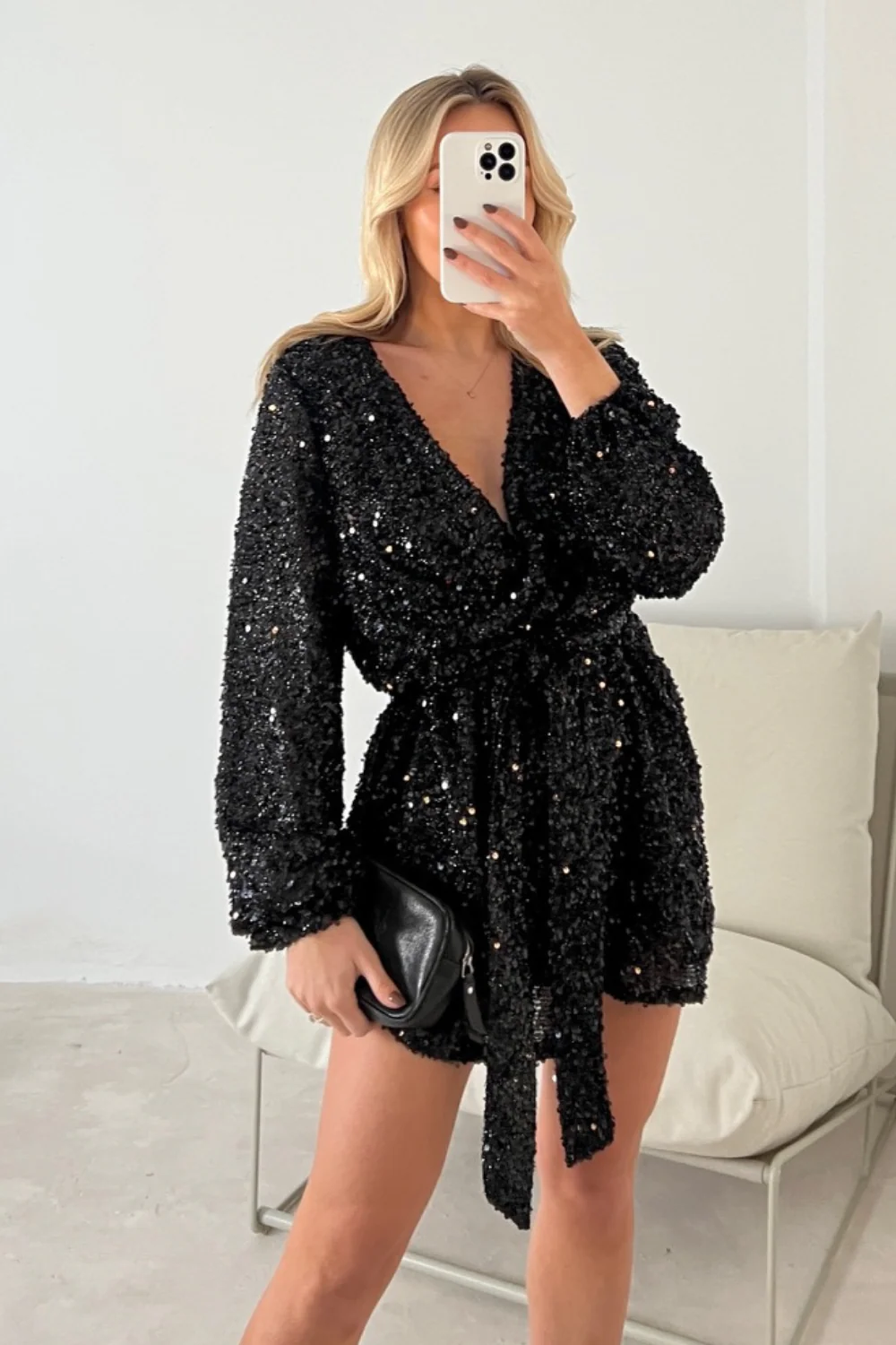 Candy black sequin tie waist mini dress